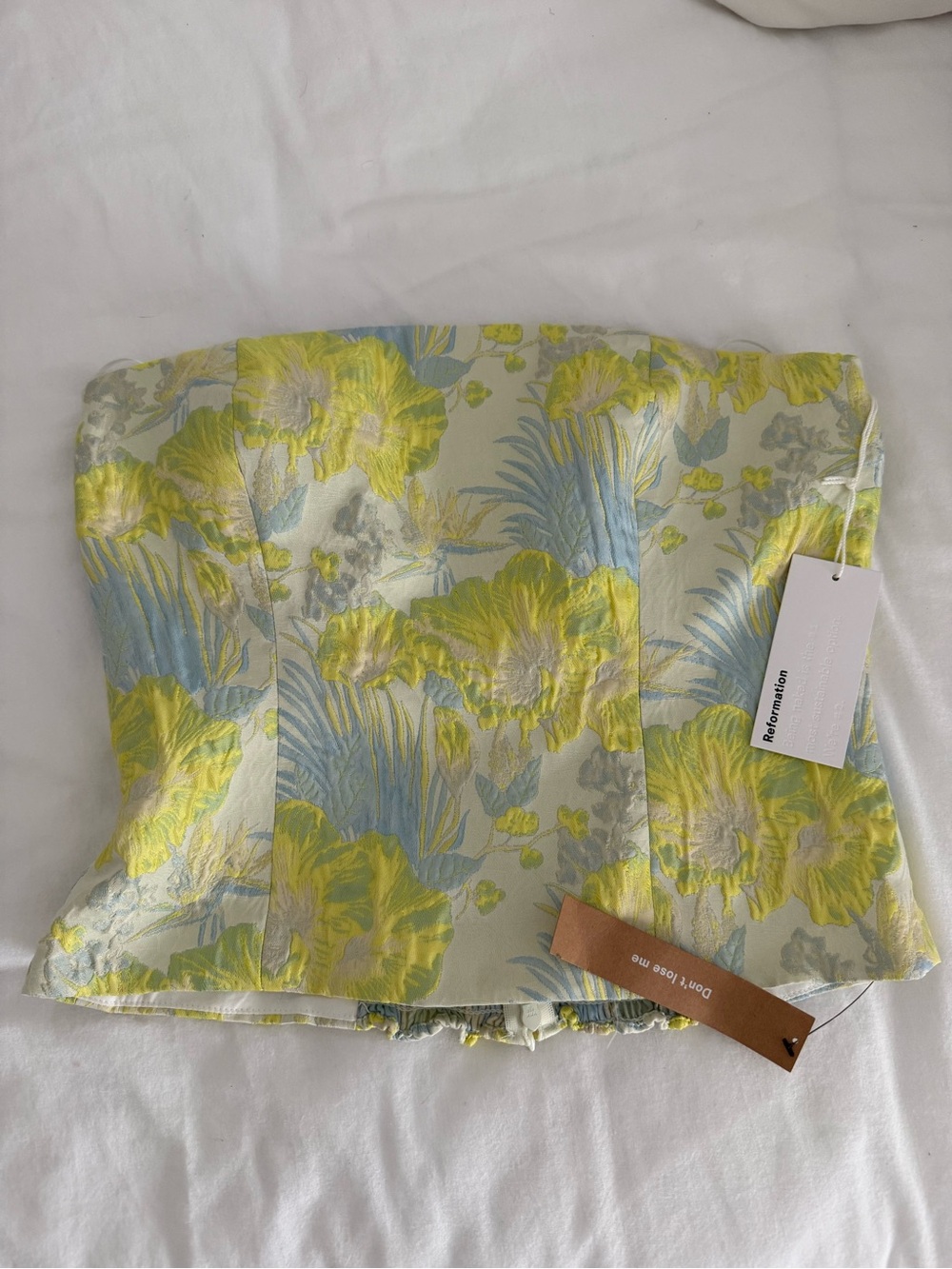 Reformation Floral Brocade Strapless Crop Top in Yellow and Light Blue